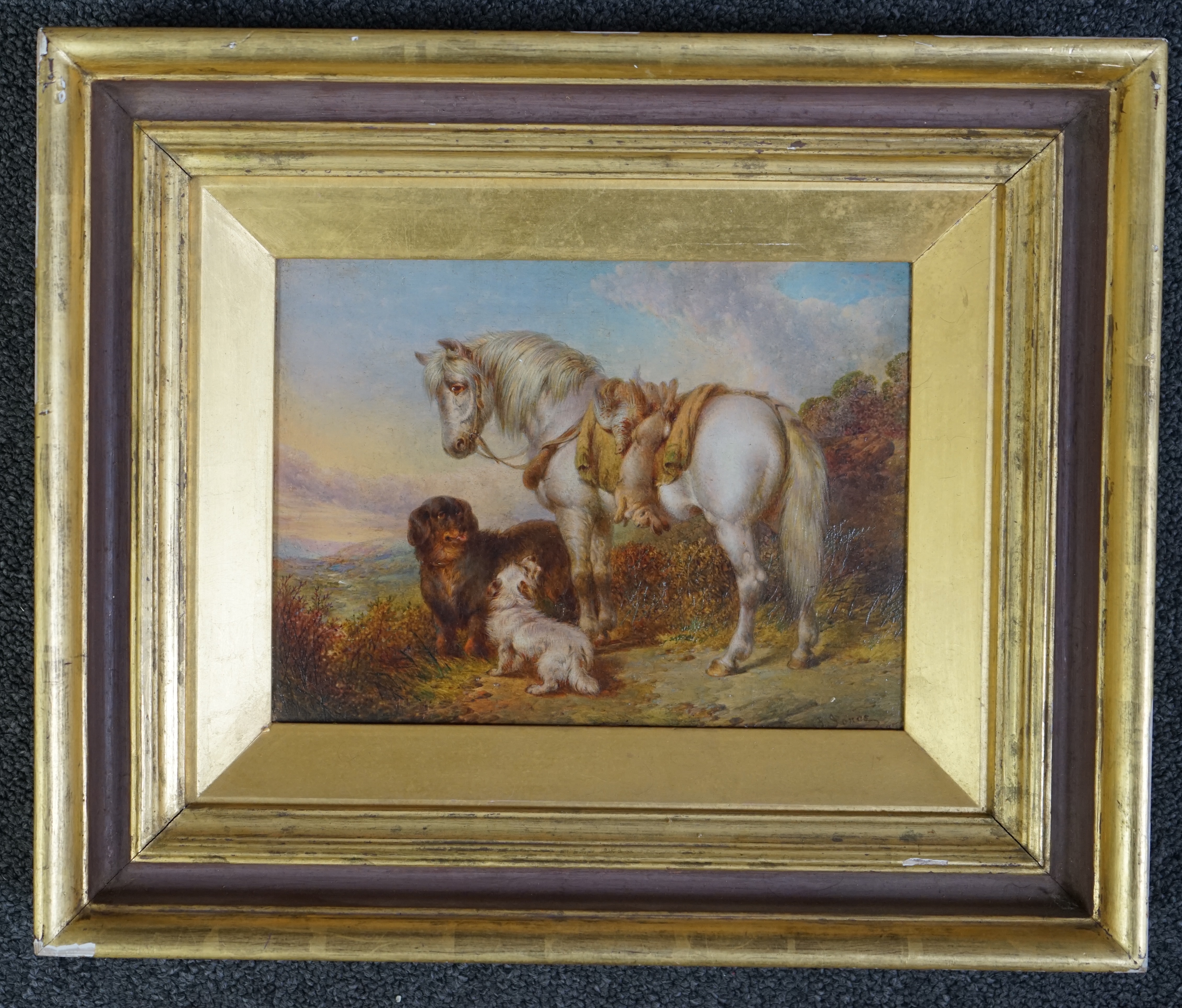 Paul Jones (English, fl.1855-1888), Gamekeeper's pony and dogs in a landscape, oil on panel, 16 x 21.5cm